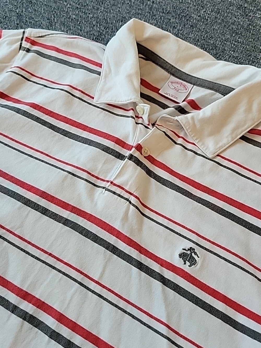 Brooks Brothers 346 Polo Shirt Men's Large White Red Striped Cotton Short Sleeve